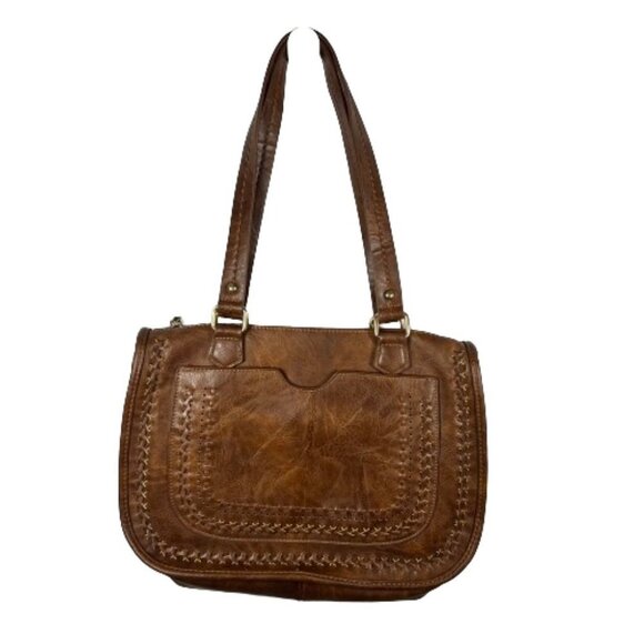 Madison West Womens Distressed Vegan Leather Shoulder Bag Brown Western Boho - Picture 1 of 11
